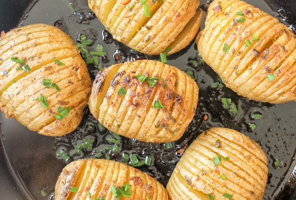 Hasselback Potato Skillet with Mustard Garlic Butter Chives