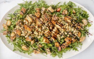 White Bean Pesto Salad with Garlic Croutons Balsamic Glaze